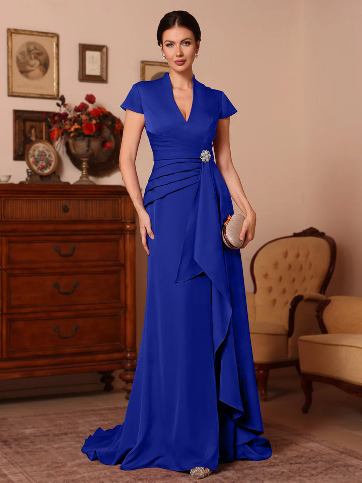 Trumpet/Mermaid V-Neck Stretch Satin Mother of the Bride Dresses Floor-Length Sweep Train Cap Sleeves Ruffles