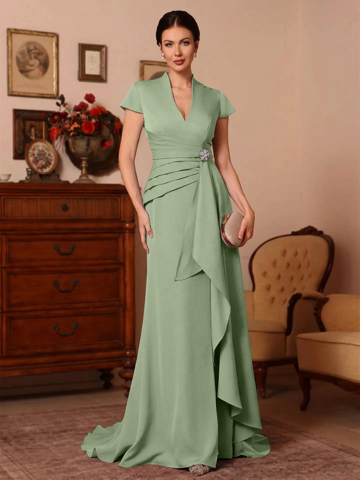 Trumpet/Mermaid V-Neck Stretch Satin Mother of the Bride Dresses Floor-Length Sweep Train Cap Sleeves Ruffles