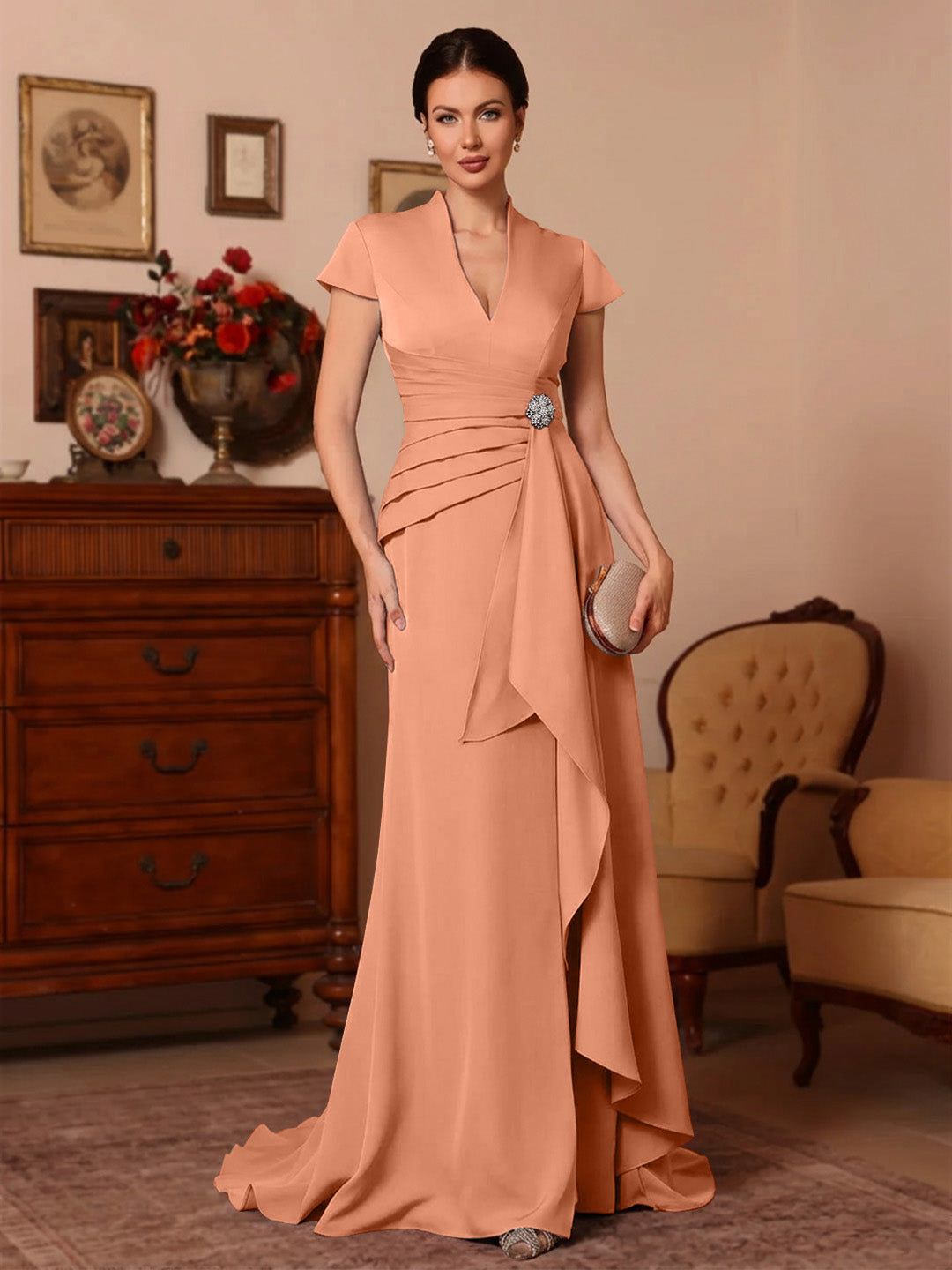 Trumpet/Mermaid V-Neck Stretch Satin Mother of the Bride Dresses Floor-Length Sweep Train Cap Sleeves Ruffles