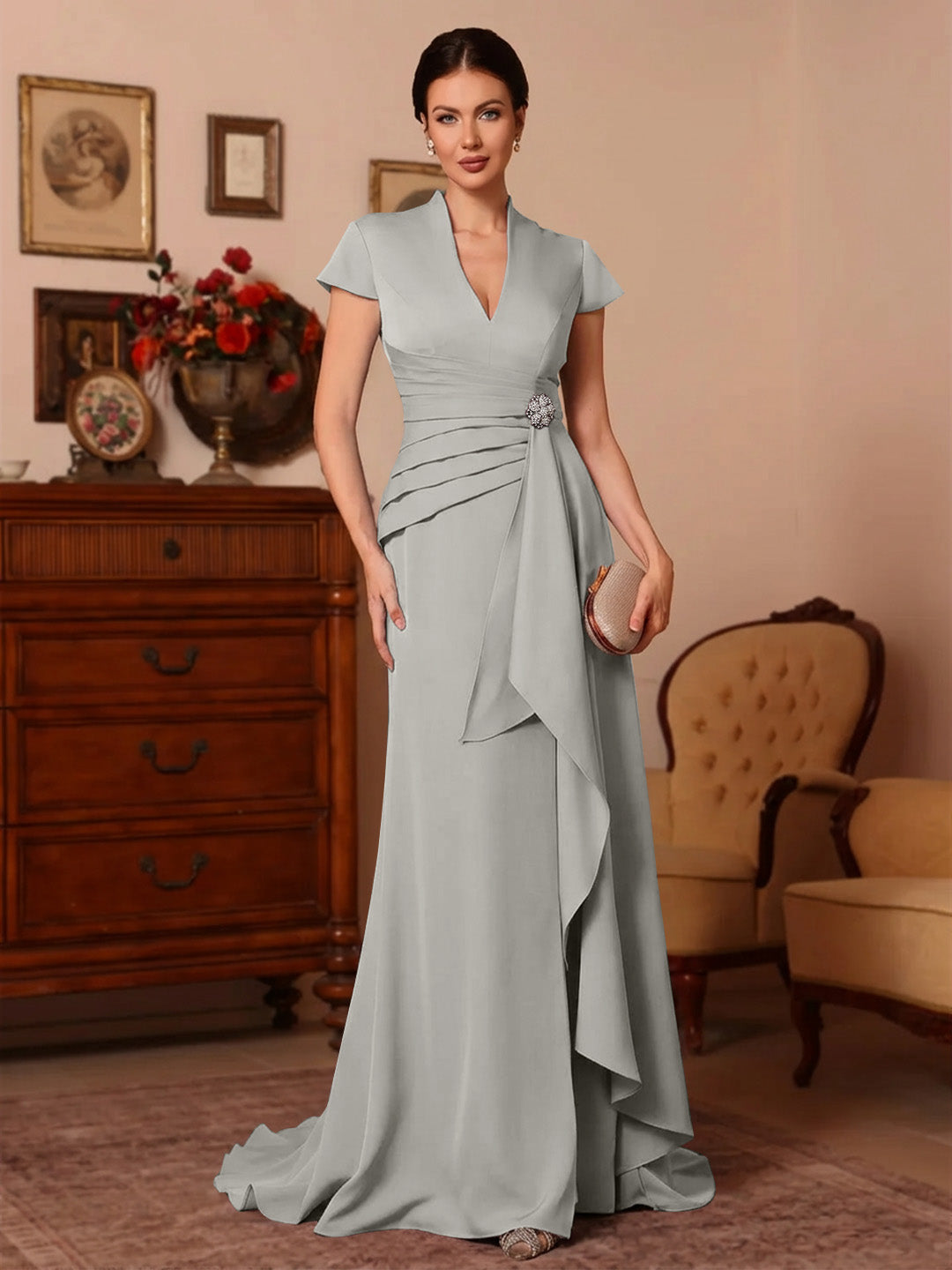 Trumpet/Mermaid V-Neck Stretch Satin Mother of the Bride Dresses Floor-Length Sweep Train Cap Sleeves Ruffles