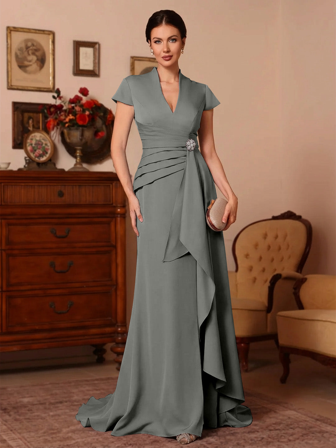 Trumpet/Mermaid V-Neck Stretch Satin Mother of the Bride Dresses Floor-Length Sweep Train Cap Sleeves Ruffles