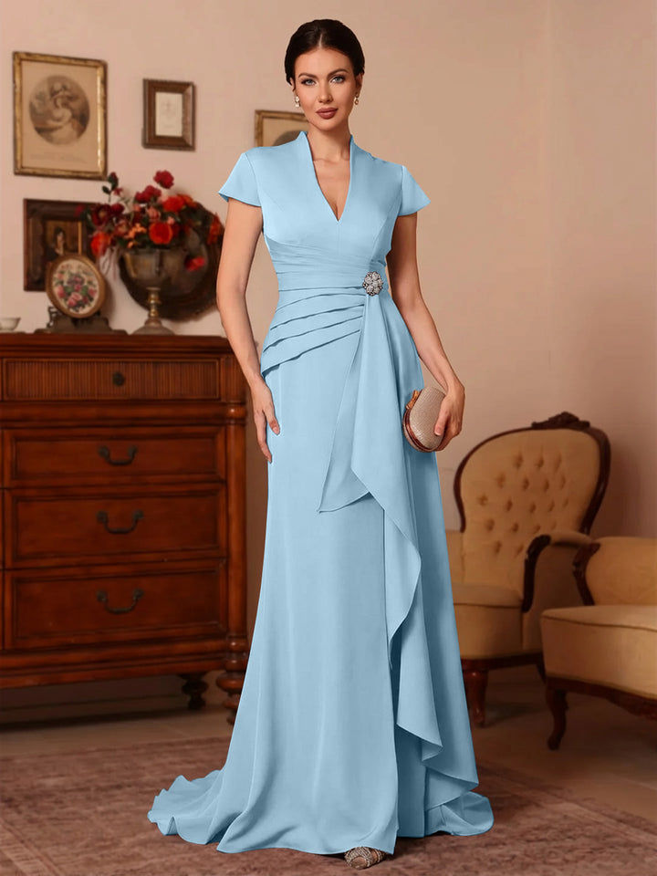 Trumpet/Mermaid V-Neck Stretch Satin Mother of the Bride Dresses Floor-Length Sweep Train Cap Sleeves Ruffles