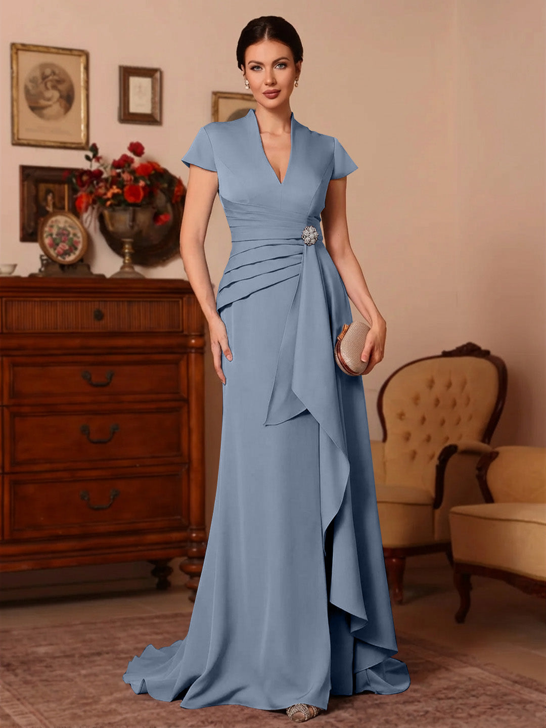 Trumpet/Mermaid V-Neck Stretch Satin Mother of the Bride Dresses Floor-Length Sweep Train Cap Sleeves Ruffles