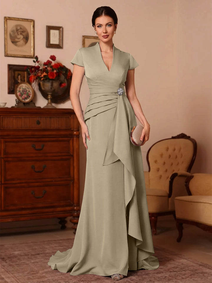 Trumpet/Mermaid V-Neck Stretch Satin Mother of the Bride Dresses Floor-Length Sweep Train Cap Sleeves Ruffles