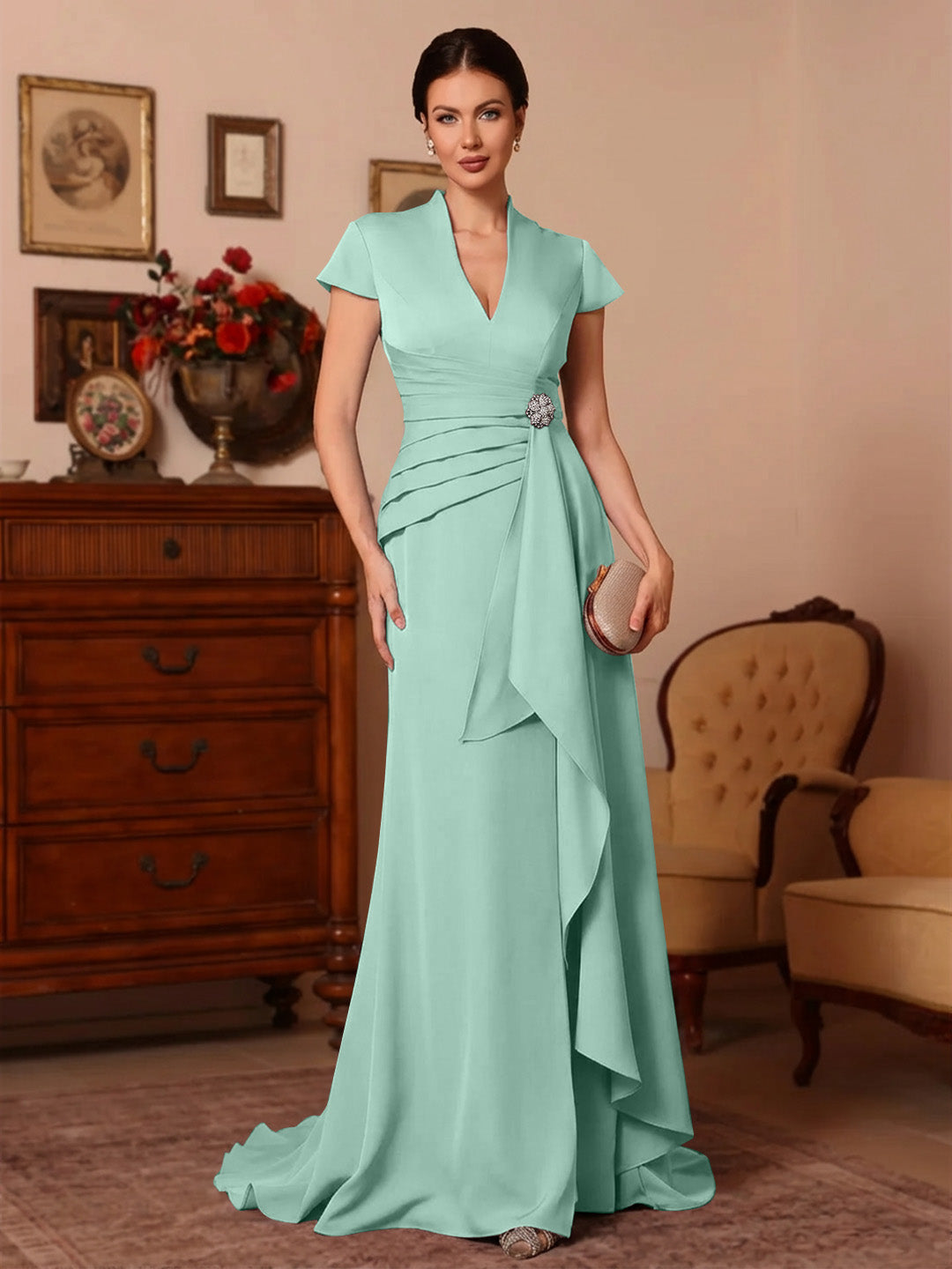 Trumpet/Mermaid V-Neck Stretch Satin Mother of the Bride Dresses Floor-Length Sweep Train Cap Sleeves Ruffles