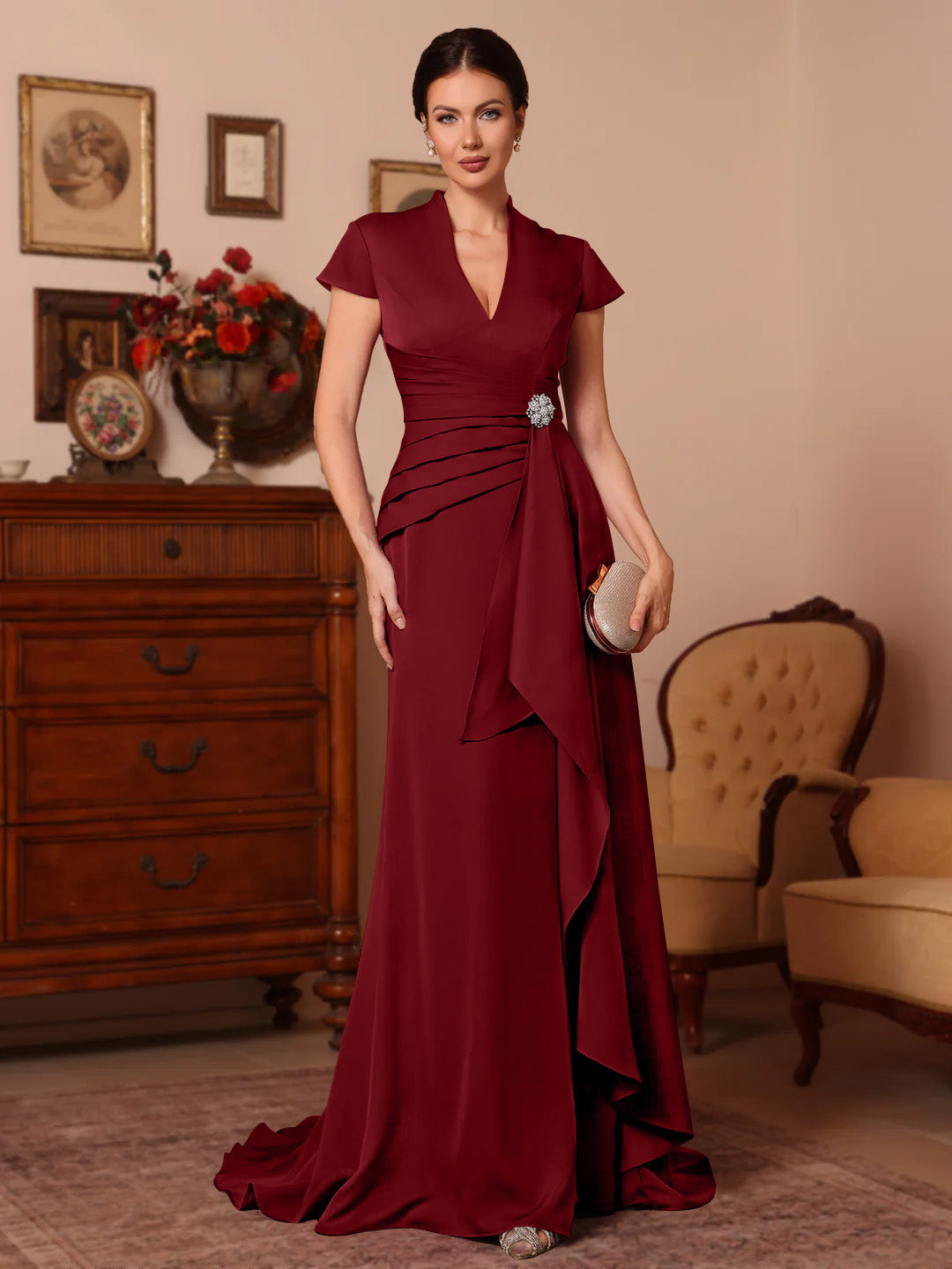 Trumpet/Mermaid V-Neck Stretch Satin Mother of the Bride Dresses Floor-Length Sweep Train Cap Sleeves Ruffles