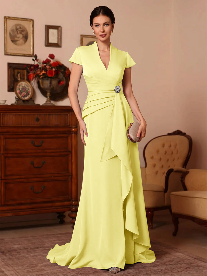 Trumpet/Mermaid V-Neck Stretch Satin Mother of the Bride Dresses Floor-Length Sweep Train Cap Sleeves Ruffles