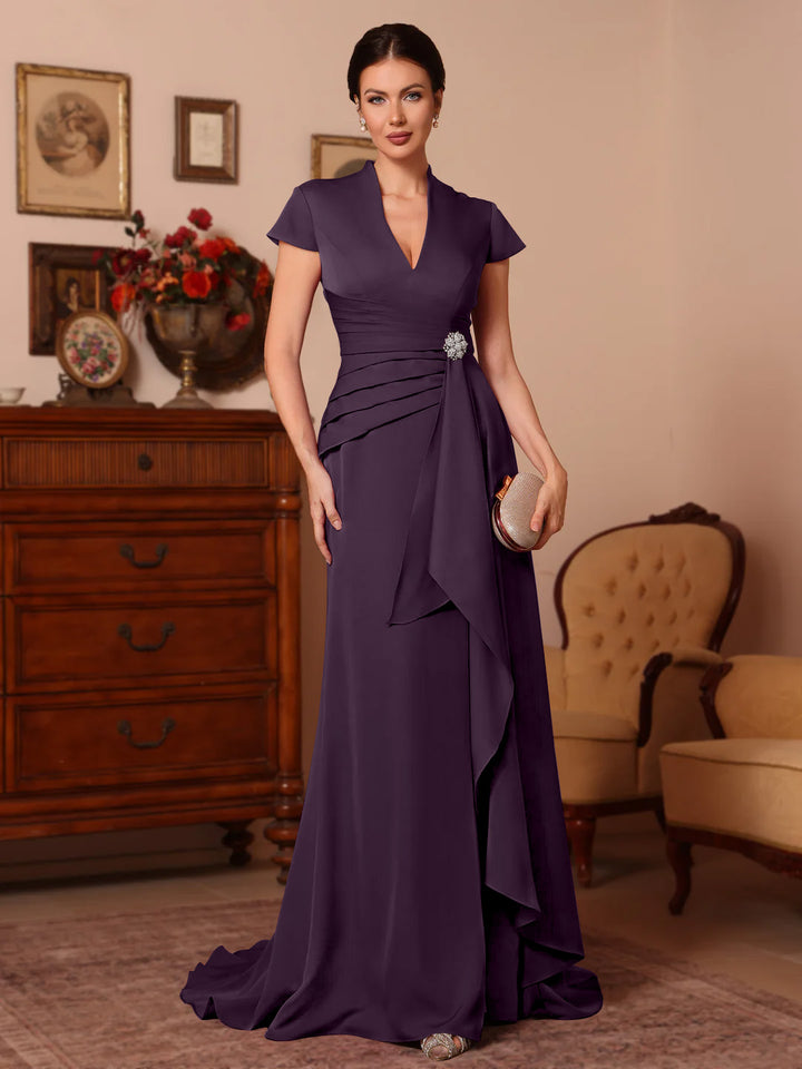 Trumpet/Mermaid V-Neck Stretch Satin Mother of the Bride Dresses Floor-Length Sweep Train Cap Sleeves Ruffles