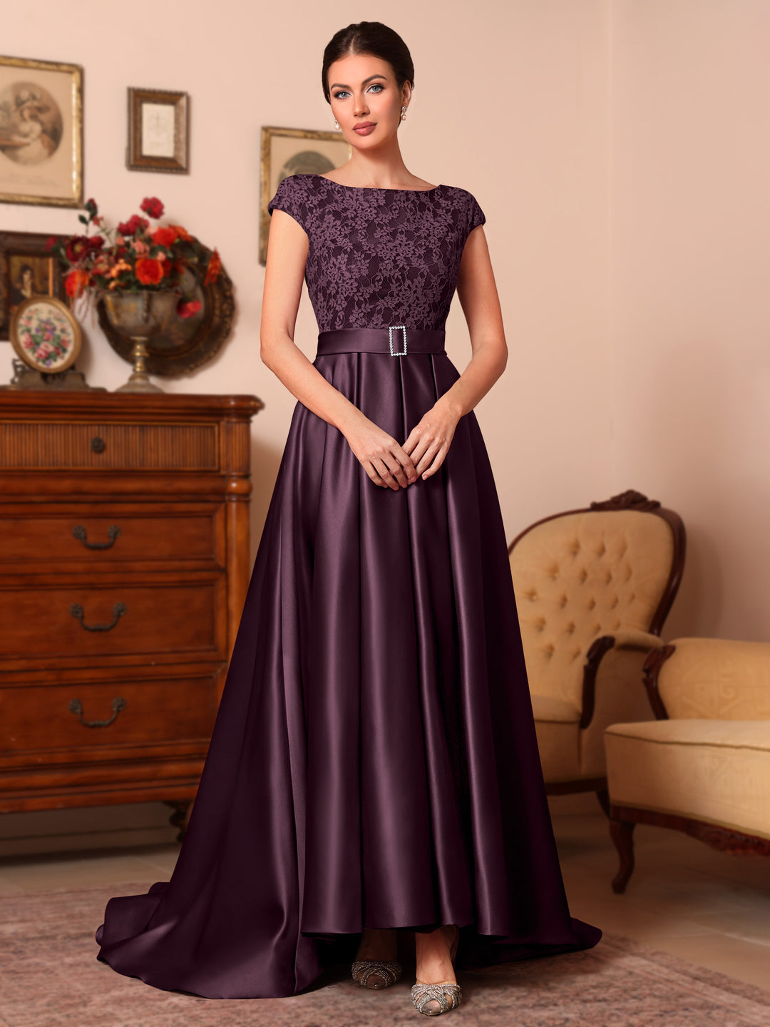 A-Line/Princess Scoop Satin Mother of the Bride Dresses Sleeveless Lace Floor-Length Belt Sweep Train
