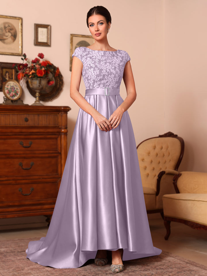 A-Line/Princess Scoop Satin Mother of the Bride Dresses Sleeveless Lace Floor-Length Belt Sweep Train