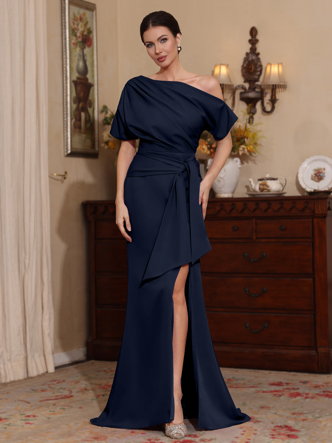 Trumpet/Mermaid One-Shoulder Stretch Satin Mother of the Bride Dresses Floor-Length Sweep Train Short Sleeves Split Side