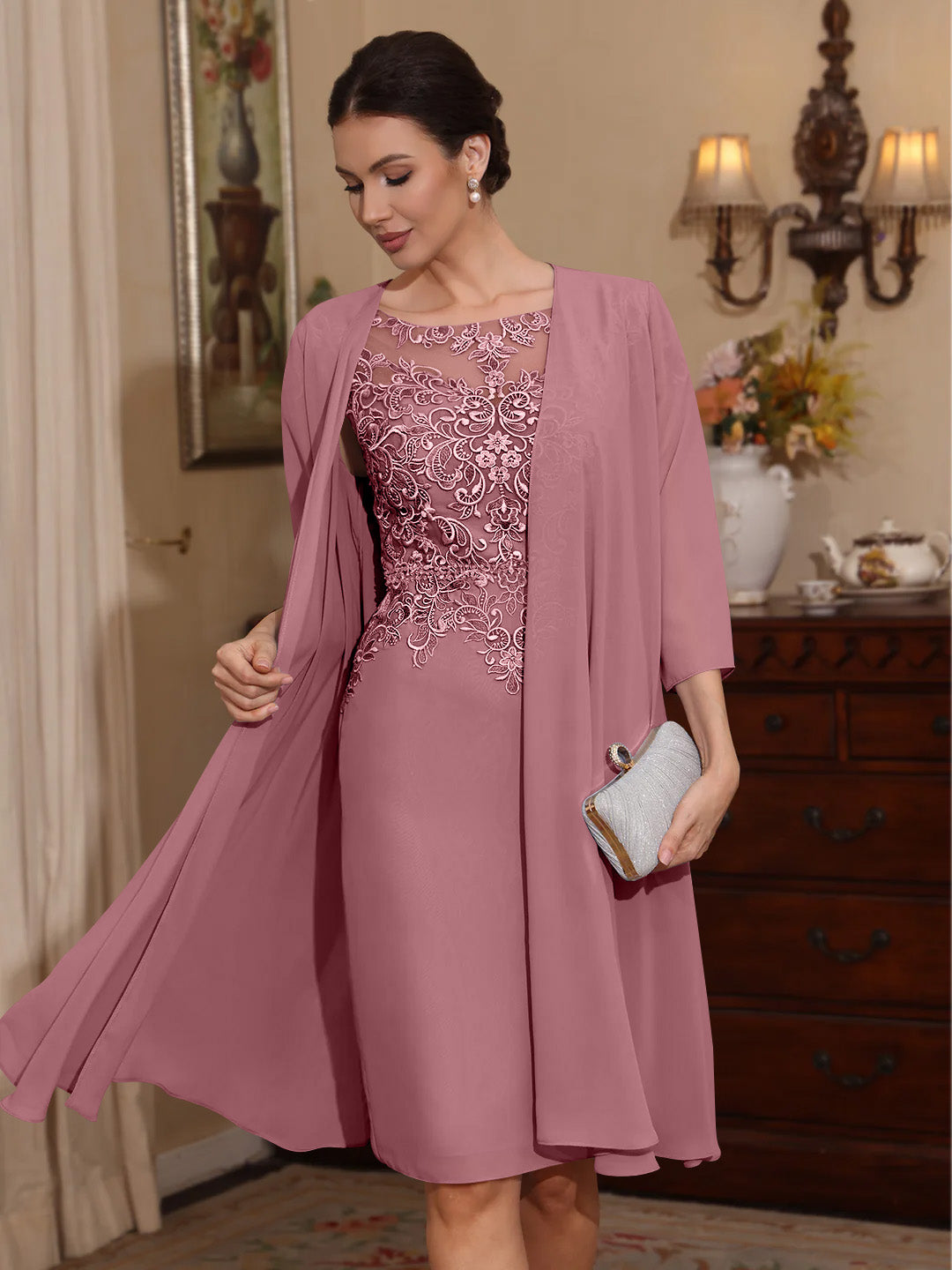 2 Pieces Sheath/Column Scoop Chiffon Mother of the Bride Dresses with Jacket Lace Knee-Length 3/4 Sleeves Candy Pink