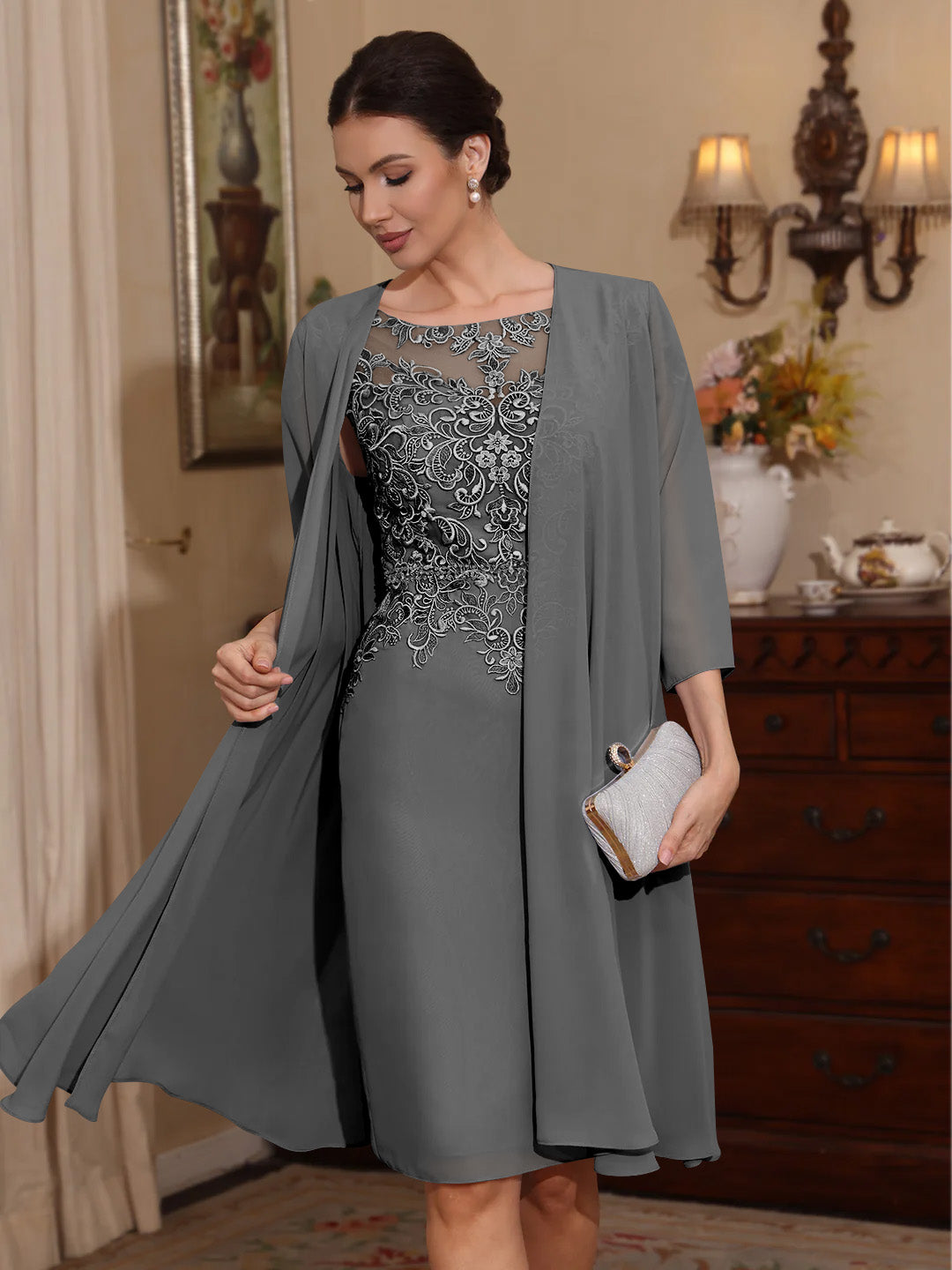gray mother of the bride dresses 2 Pieces Sheath/Column Scoop Chiffon Mother of the Bride Dresses with Jacket Lace Knee-Length 3/4 Sleeves Charcoal Gray