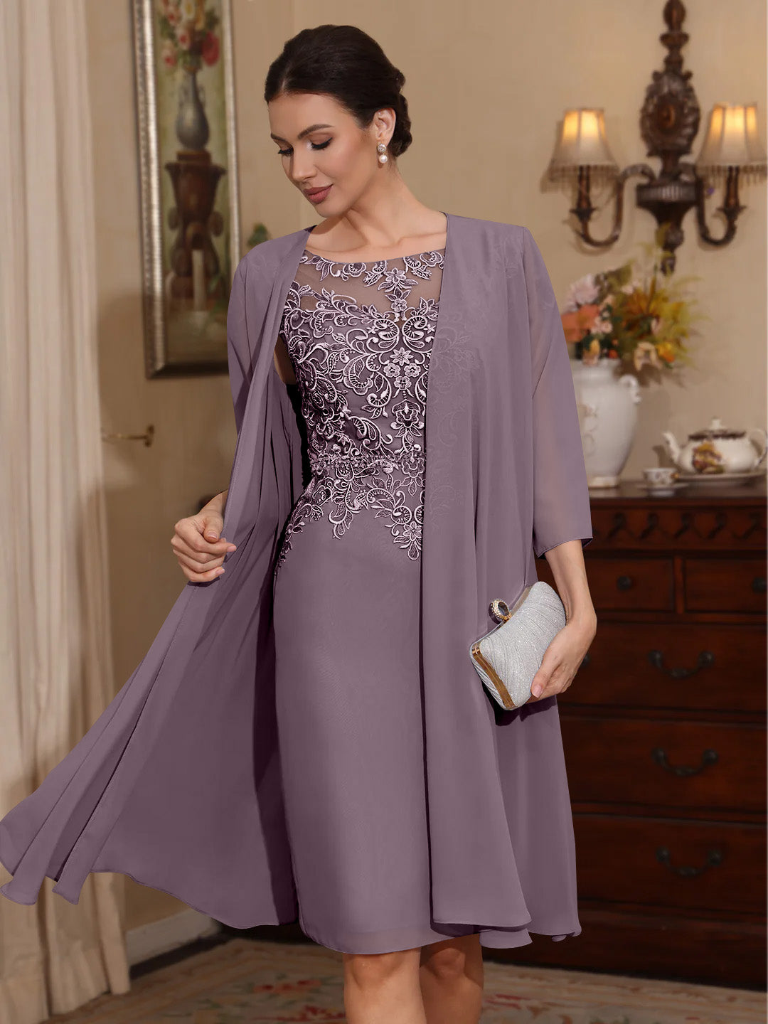 2 Pieces Sheath/Column Scoop Chiffon Mother of the Bride Dresses with Jacket Lace Knee-Length 3/4 Sleeves Dusk 2 Pieces Sheath/Column Scoop Chiffon Mother of the Bride Dresses with Jacket Lace Knee-Length 3/4 Sleeves Dusk