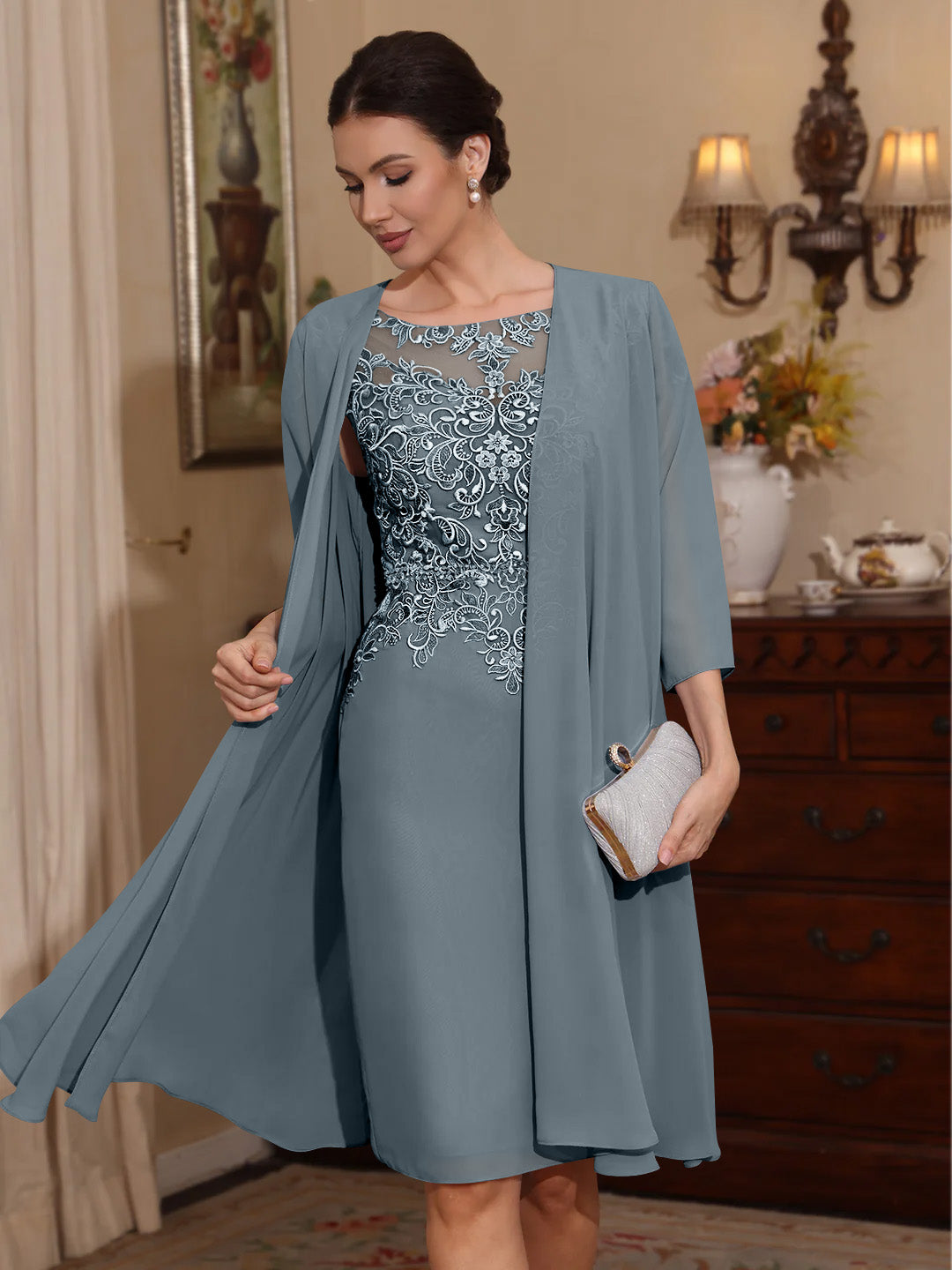 2 Pieces Sheath/Column Scoop Chiffon Mother of the Bride Dresses with Jacket Lace Knee-Length 3/4 Sleeves Red 2 Pieces Sheath/Column Scoop Chiffon Mother of the Bride Dresses with Jacket Lace Knee-Length 3/4 Sleeves Red