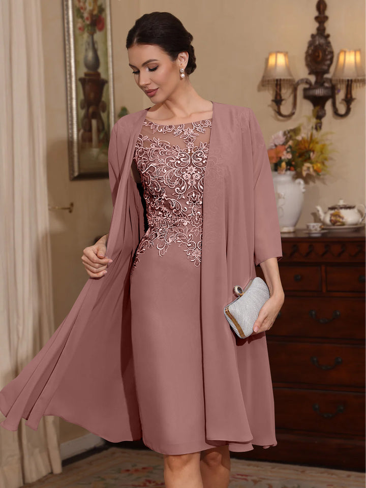 2 Pieces Sheath/Column Scoop Chiffon Mother of the Bride Dresses with Jacket Lace Knee-Length 3/4 Sleeves
