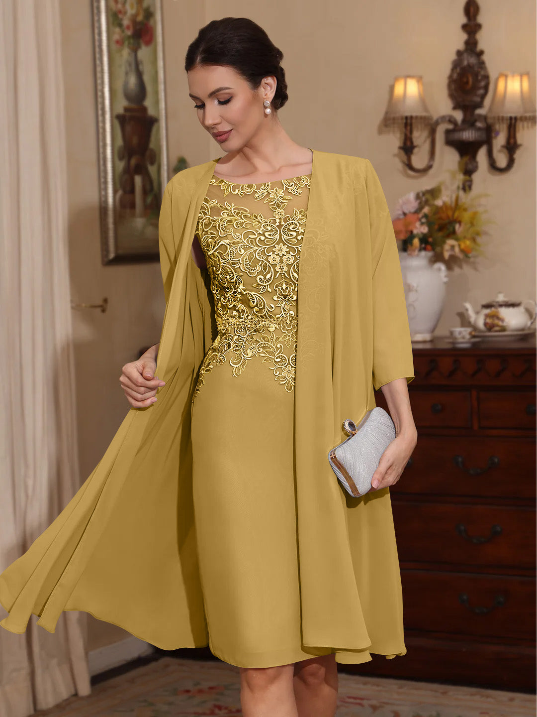 2 Pieces Sheath/Column Scoop Chiffon Mother of the Bride Dresses with Jacket Lace Knee-Length 3/4 Sleeves Gold 2 Pieces Sheath/Column Scoop Chiffon Mother of the Bride Dresses with Jacket Lace Knee-Length 3/4 Sleeves Gold