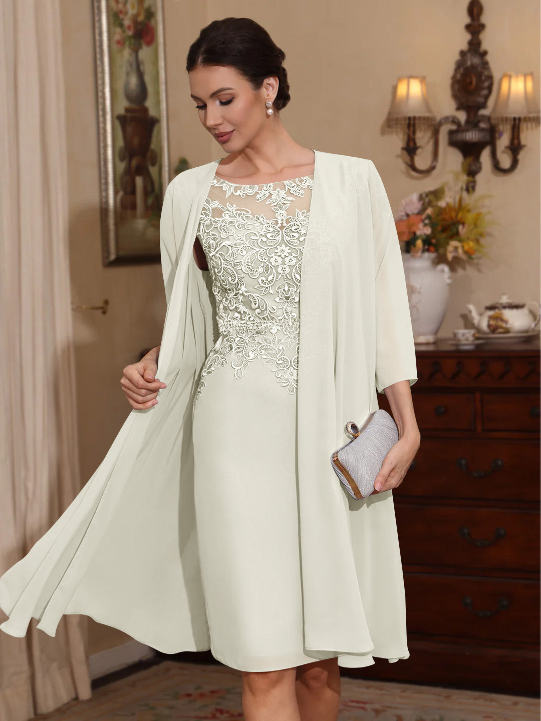 2 Pieces Sheath/Column Scoop Chiffon Mother of the Bride Dresses with Jacket Lace Knee-Length 3/4 Sleeves Ivory 2 Pieces Sheath/Column Scoop Chiffon Mother of the Bride Dresses with Jacket Lace Knee-Length 3/4 Sleeves Ivory