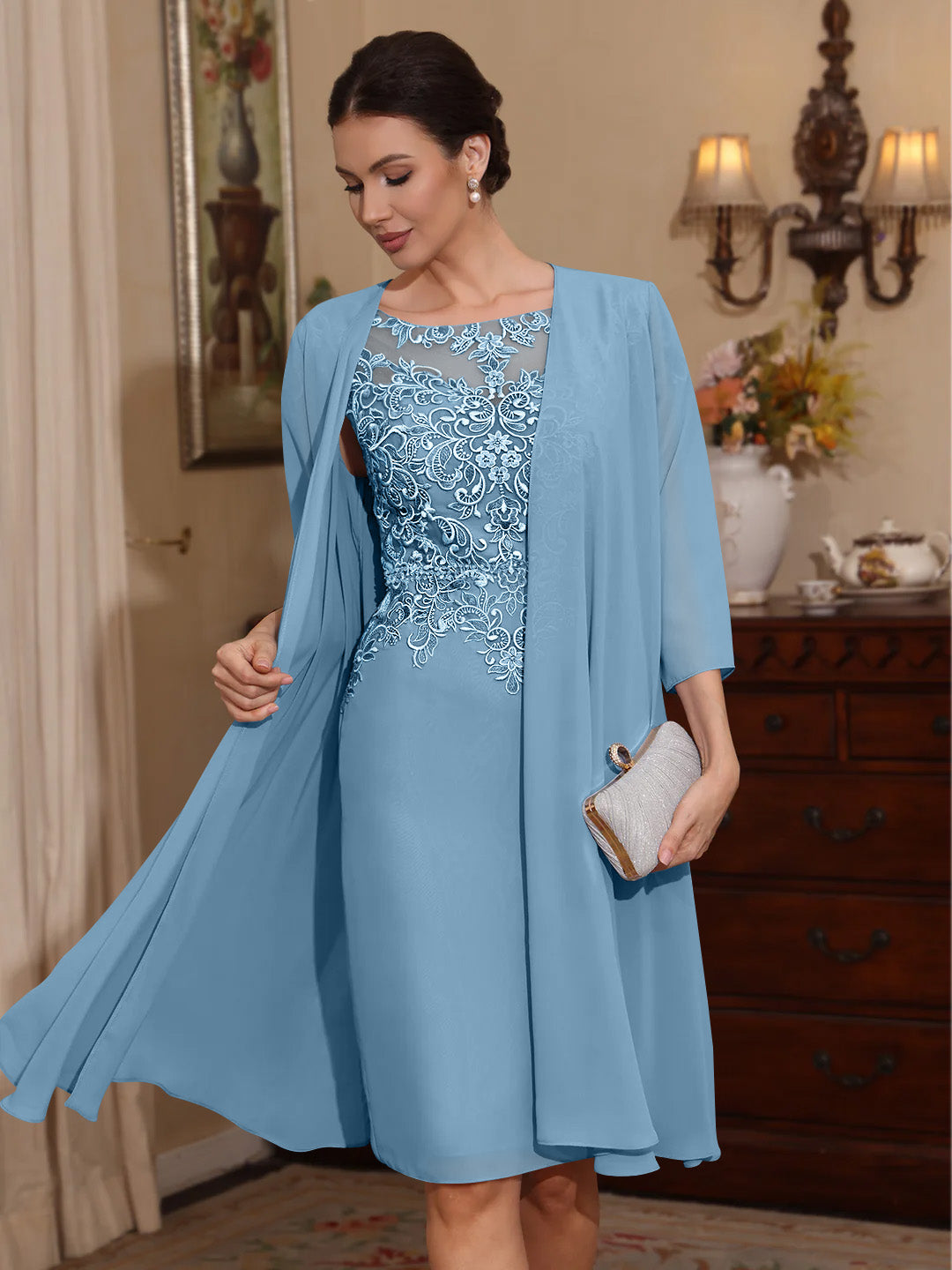 2 Pieces Sheath/Column Scoop Chiffon Mother of the Bride Dresses with Jacket Lace Knee-Length 3/4 Sleeves Light Blue