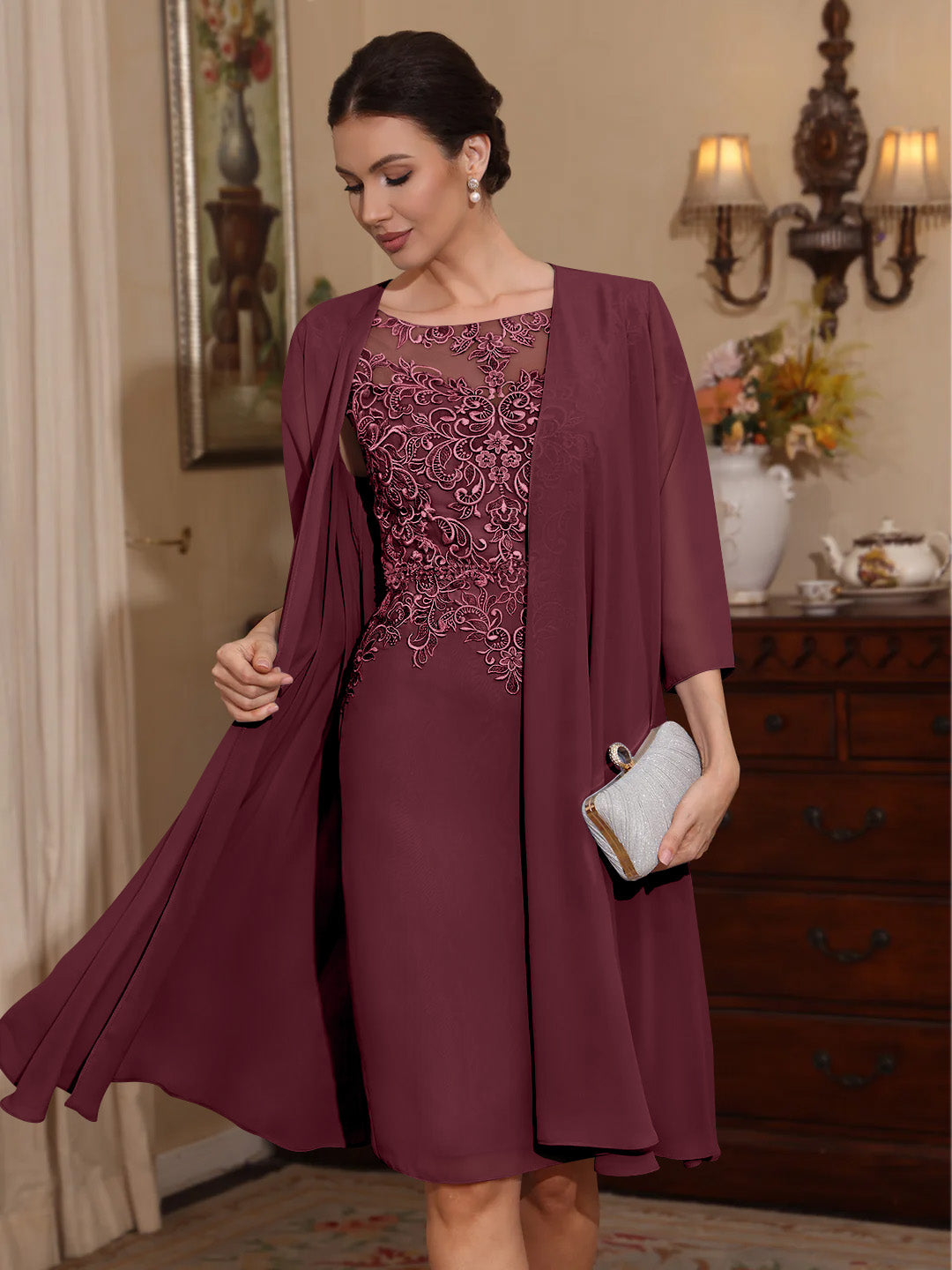 2 Pieces Sheath/Column Scoop Chiffon Mother of the Bride Dresses with Jacket Lace Knee-Length 3/4 Sleeves