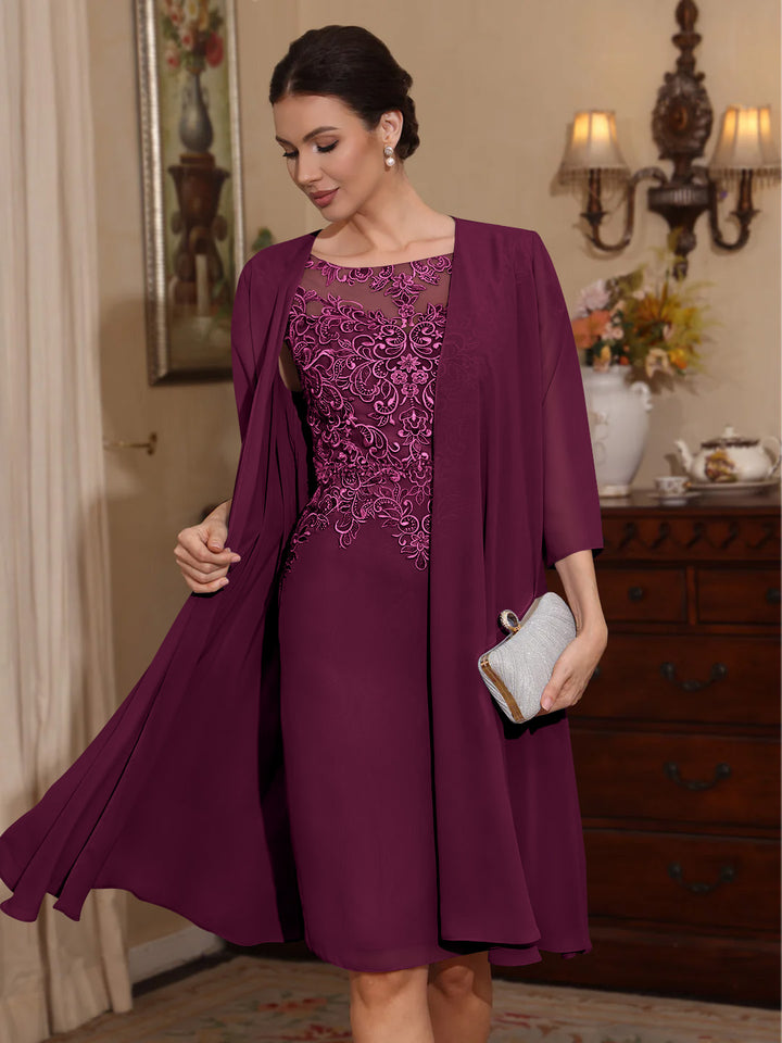 2 Pieces Sheath/Column Scoop Chiffon Mother of the Bride Dresses with Jacket Lace Knee-Length 3/4 Sleeves