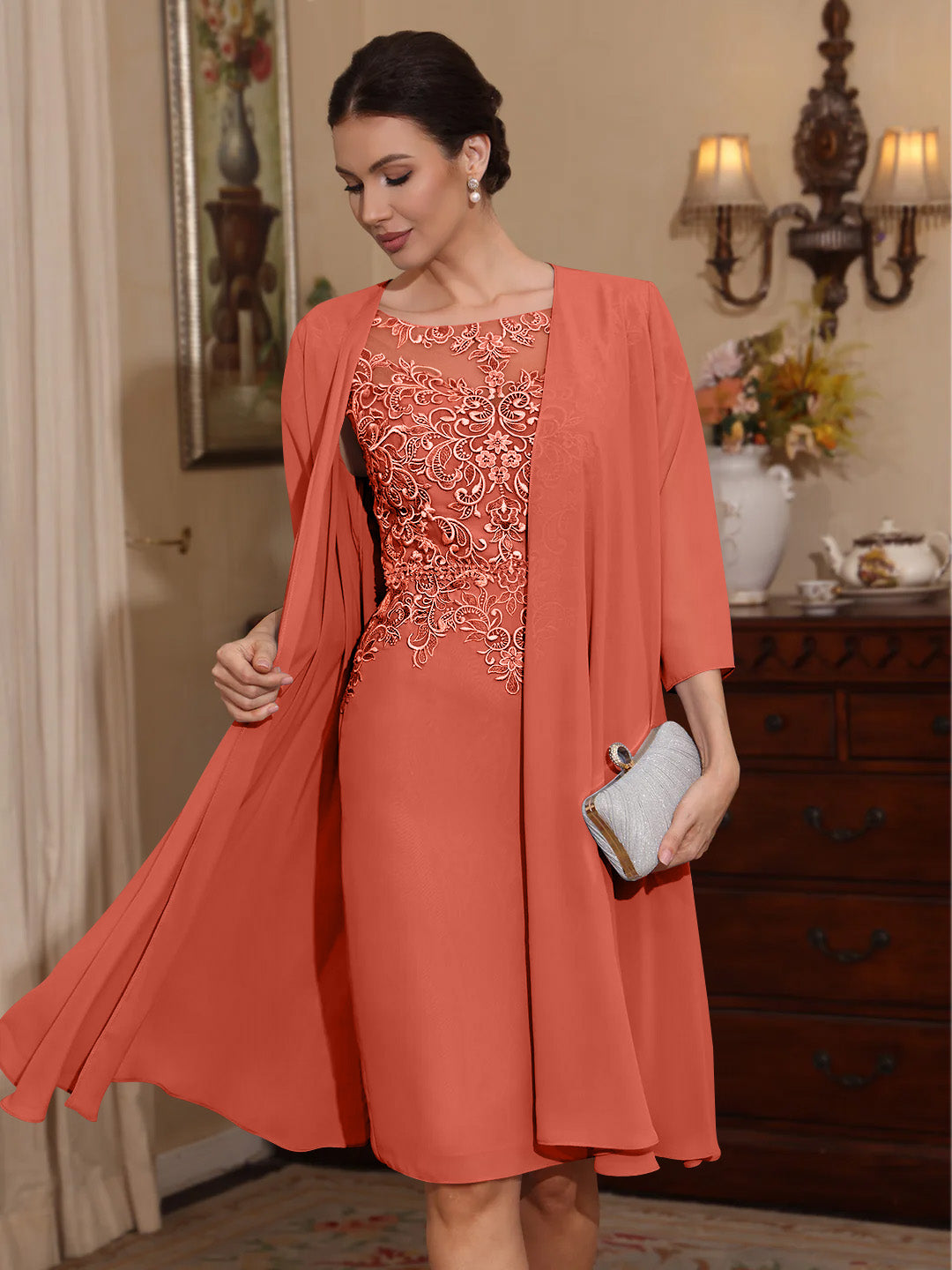 2 Pieces Sheath/Column Scoop Chiffon Mother of The Bride Dresses with Jacket Lace Knee-Length 3/4 Sleeves, As Pic