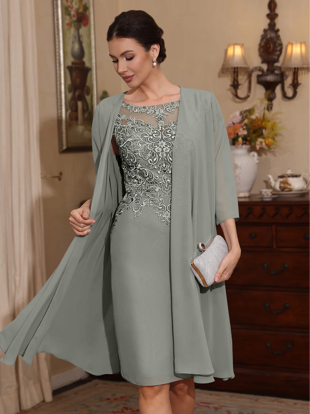 2 Pieces Sheath/Column Scoop Chiffon Mother of the Bride Dresses with Jacket Lace Knee-Length 3/4 Sleeves Silver 2 Pieces Sheath/Column Scoop Chiffon Mother of the Bride Dresses with Jacket Lace Knee-Length 3/4 Sleeves Silver