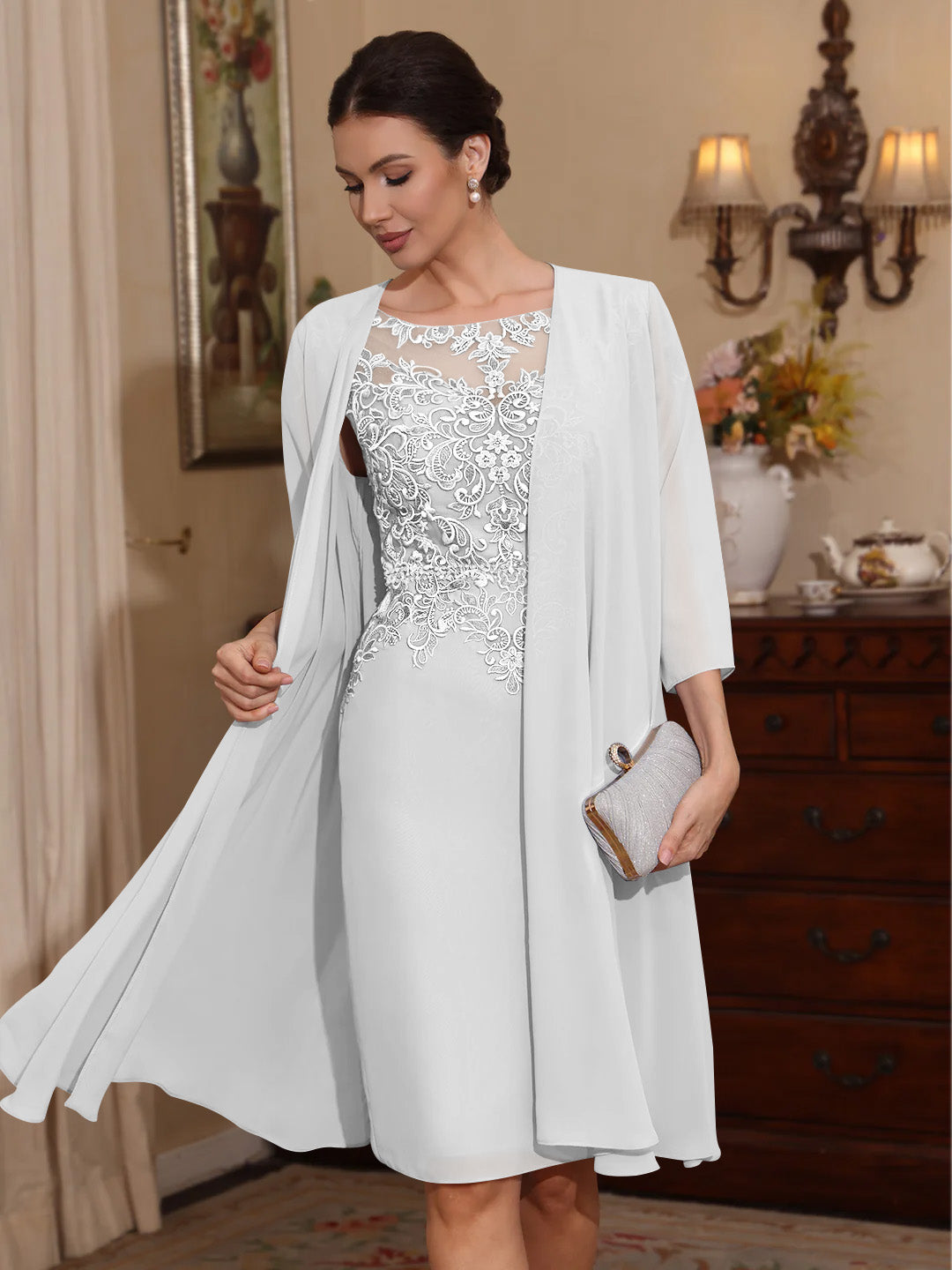 2 Pieces Sheath/Column Scoop Chiffon Mother of the Bride Dresses with Jacket Lace Knee-Length 3/4 Sleeves White 2 Pieces Sheath/Column Scoop Chiffon Mother of the Bride Dresses with Jacket Lace Knee-Length 3/4 Sleeves White