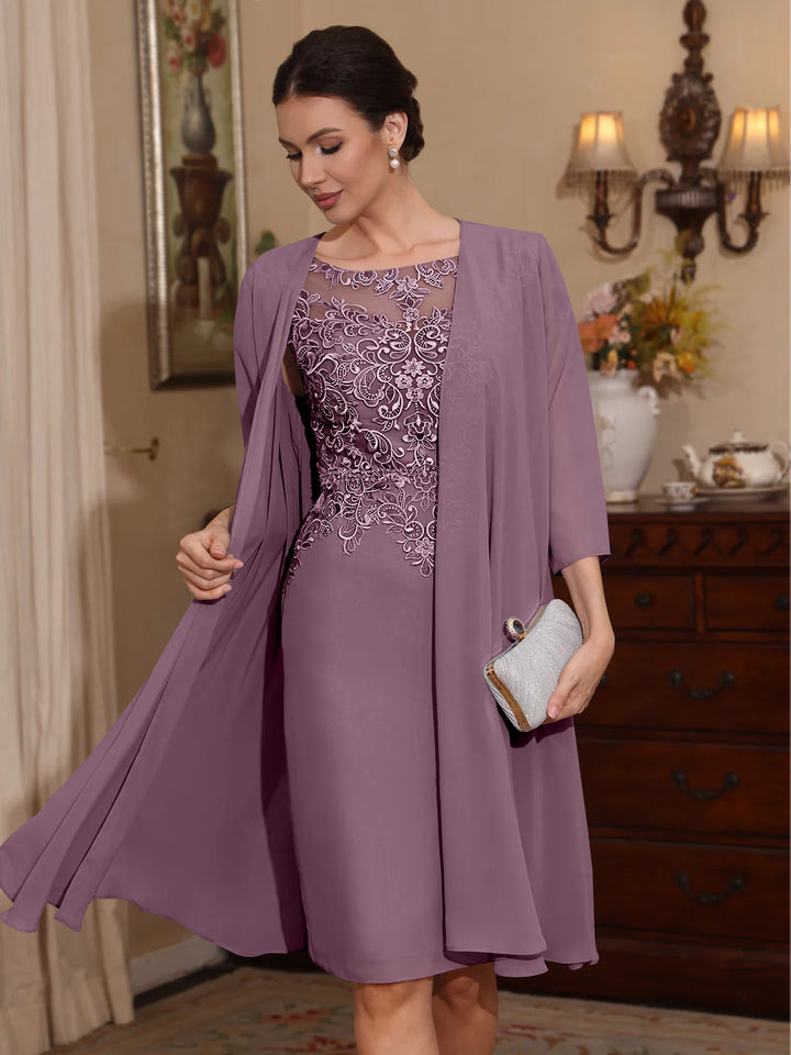2 Pieces Sheath/Column Scoop Chiffon Mother of the Bride Dresses with Jacket Lace Knee-Length 3/4 Sleeves