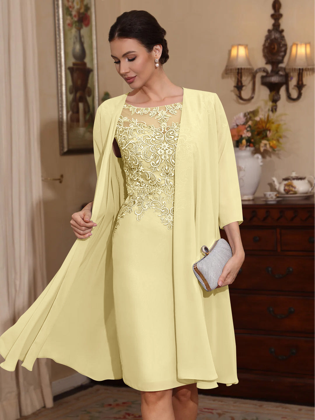 2 Pieces Sheath/Column Scoop Chiffon Mother of the Bride Dresses with Jacket Lace Knee-Length 3/4 Sleeves Yellow 2 Pieces Sheath/Column Scoop Chiffon Mother of the Bride Dresses with Jacket Lace Knee-Length 3/4 Sleeves Yellow