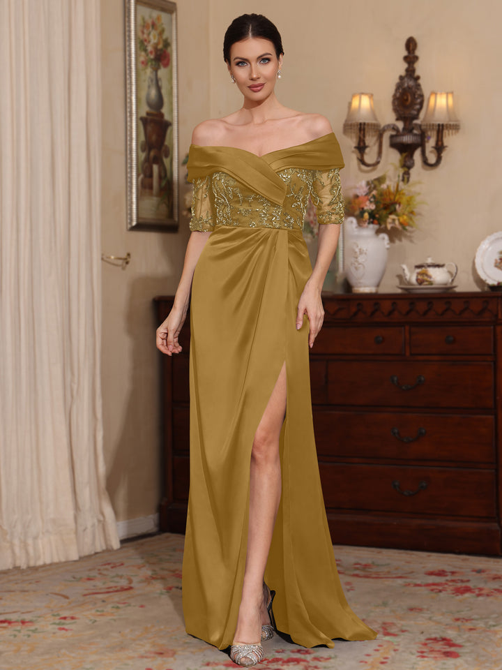 Sheath/Column Off-the-Shoulder Satin Mother of the Bride Dresses Lace Half Sleeves Floor-Length with Split Side