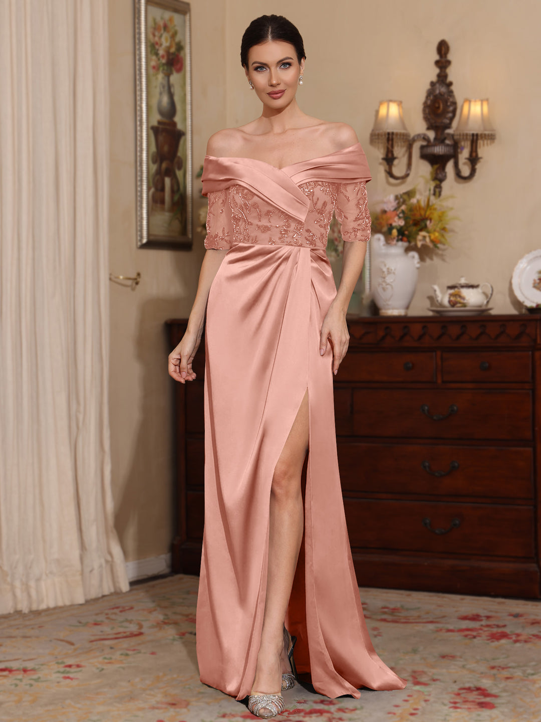 Sheath/Column Off-the-Shoulder Satin Mother of the Bride Dresses Lace Half Sleeves Floor-Length with Split Side