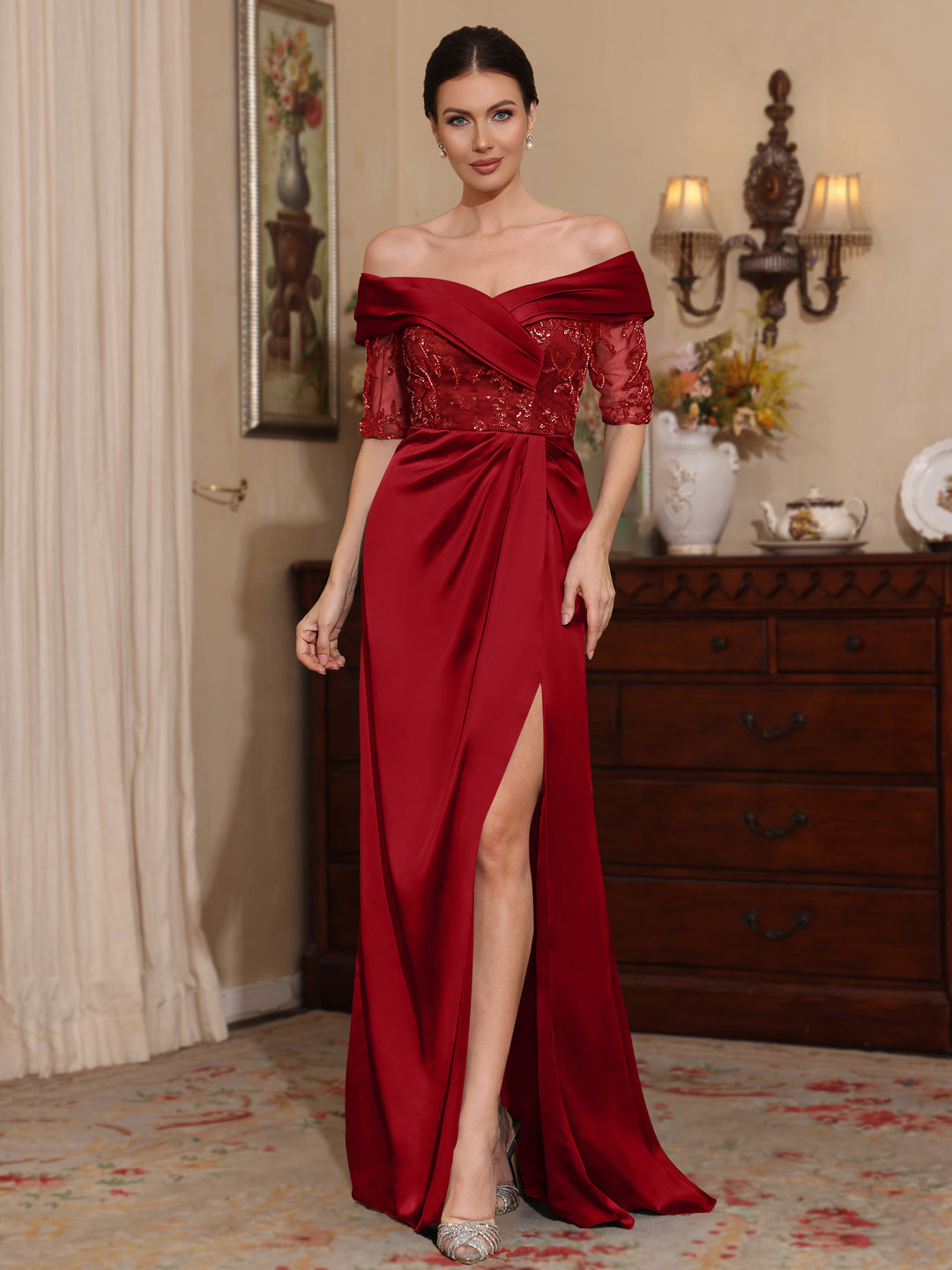Sheath/Column Off-the-Shoulder Satin Mother of the Bride Dresses Lace Half Sleeves Floor-Length with Split Side
