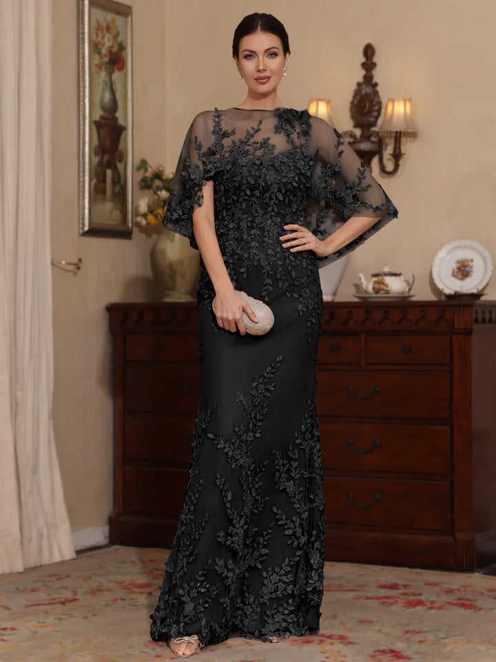 2 Pieces Sheath/Column Scoop Lace Mother of the Bride Dresses with Wrap Beading Half Sleeves Floor-Length