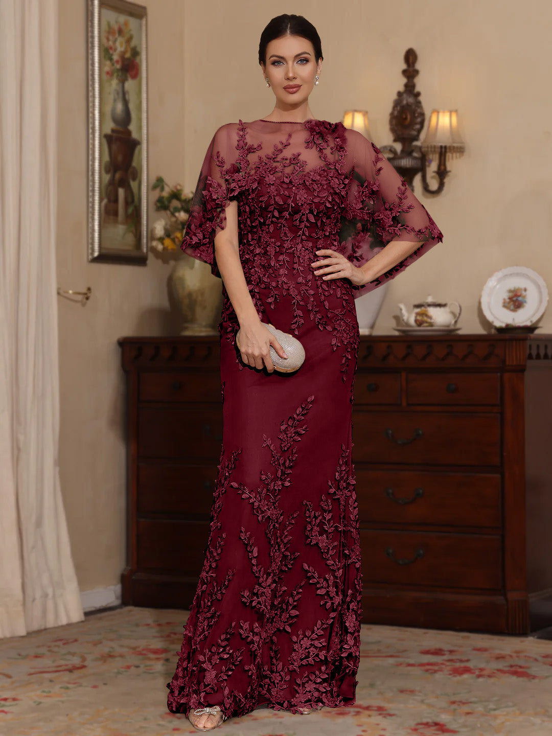 burgundy floral mother of the bride dress Mermaid Maxi Burgundy Floral Square Neck Mother of the Bride Dress with Belt