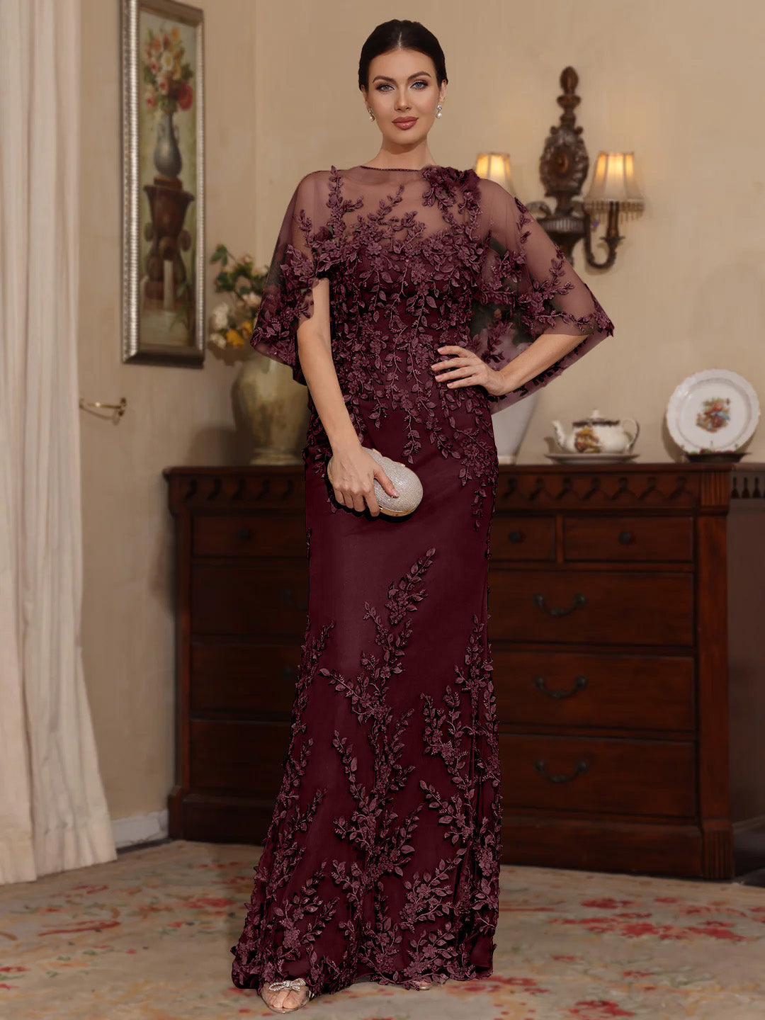 2 Pieces Sheath/Column Scoop Lace Mother of the Bride Dresses with Wrap Beading Floral Half Sleeves Floor-Length Cabernet