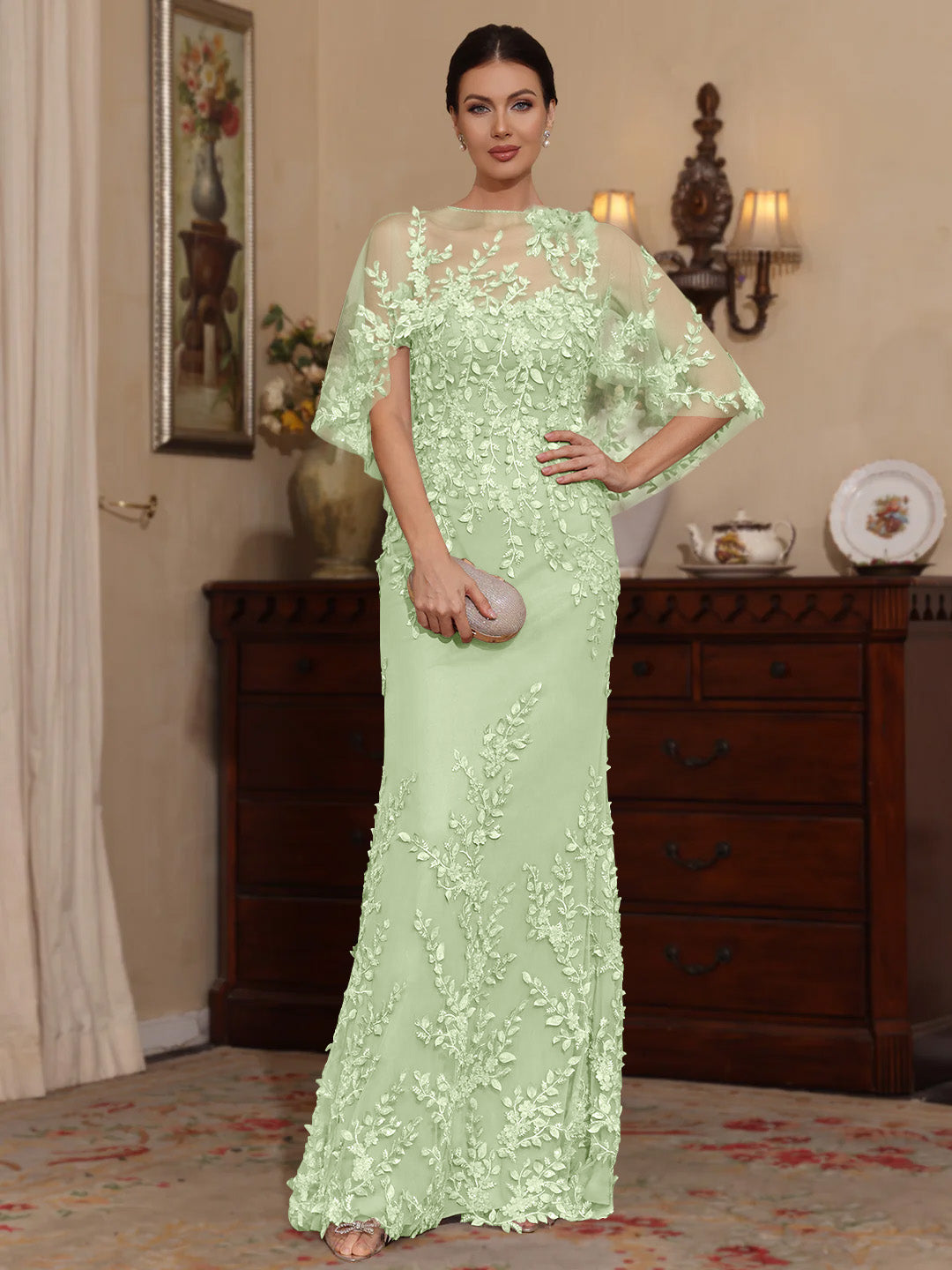 2 Pieces Sheath/Column Scoop Lace Mother of the Bride Dresses with Wrap Beading Half Sleeves Floor-Length