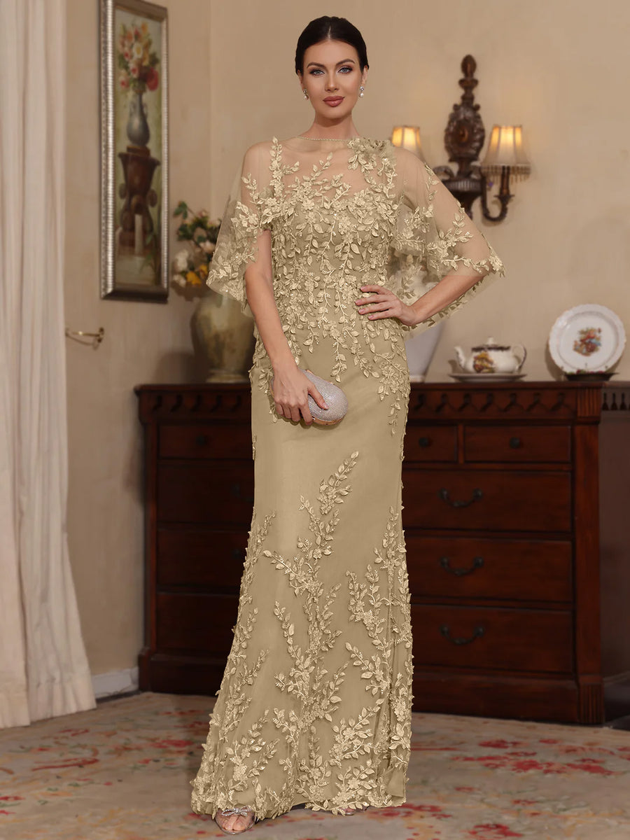 2 Pieces Sheath/Column Scoop Lace Mother of the Bride Dresses with Wrap Beading Half Sleeves Floor-Length