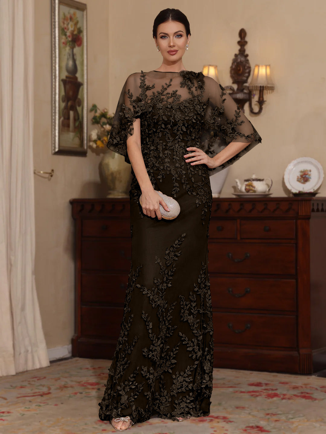 2 Pieces Sheath/Column Scoop Lace Mother of the Bride Dresses with Wrap Beading Floral Half Sleeves Floor-Length Chocolate 2 Pieces Sheath/Column Scoop Lace Mother of the Bride Dresses with Wrap Beading Floral Half Sleeves Floor-Length Chocolate