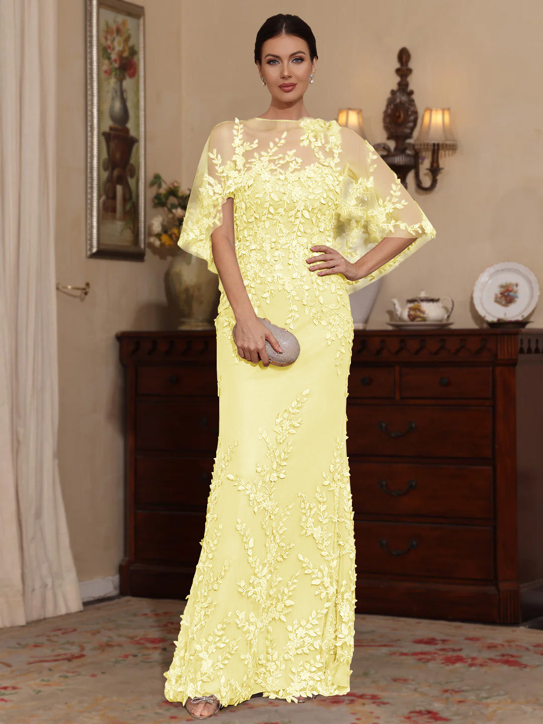 2 Pieces Sheath/Column Scoop Lace Mother of the Bride Dresses with Wrap Beading Half Sleeves Floor-Length
