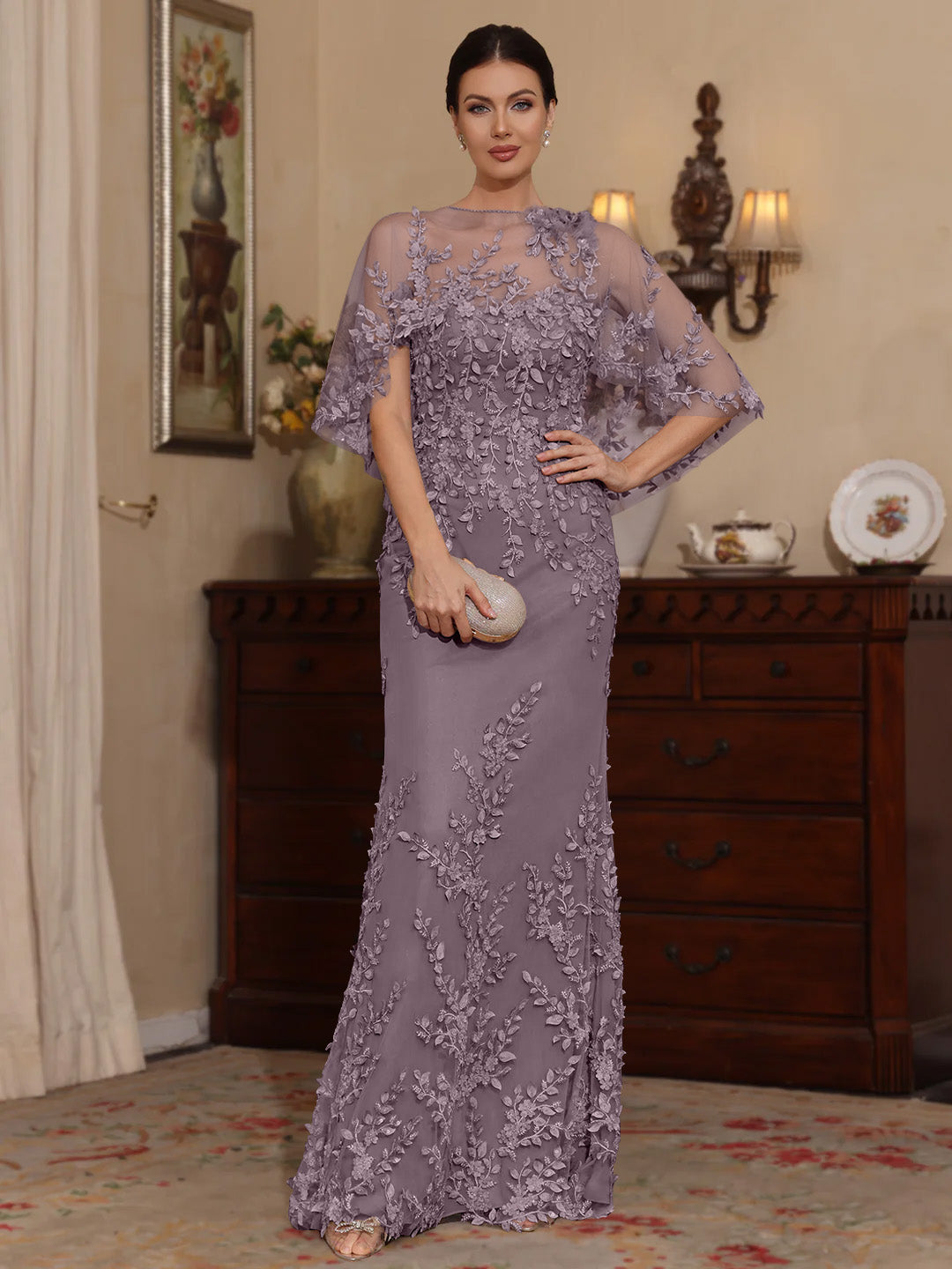 2 Pieces Sheath/Column Scoop Lace Mother of the Bride Dresses with Wrap Beading Half Sleeves Floor-Length