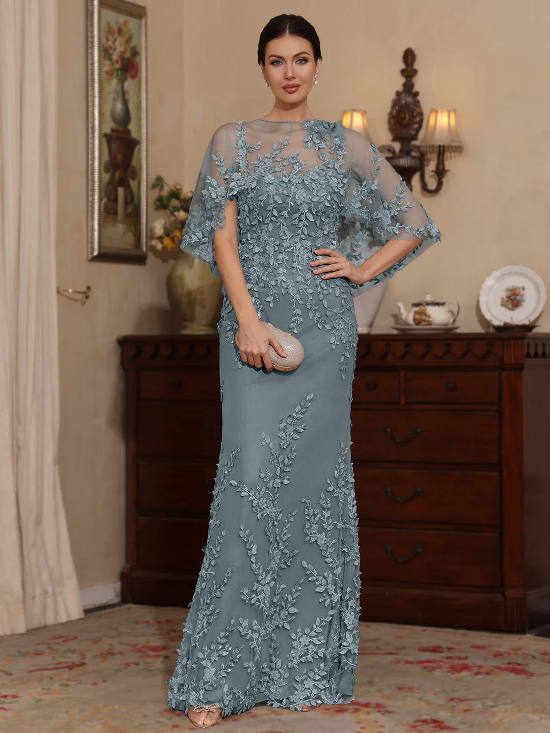 2 Pieces Sheath/Column Scoop Lace Mother of the Bride Dresses with Wrap Beading Half Sleeves Floor-Length