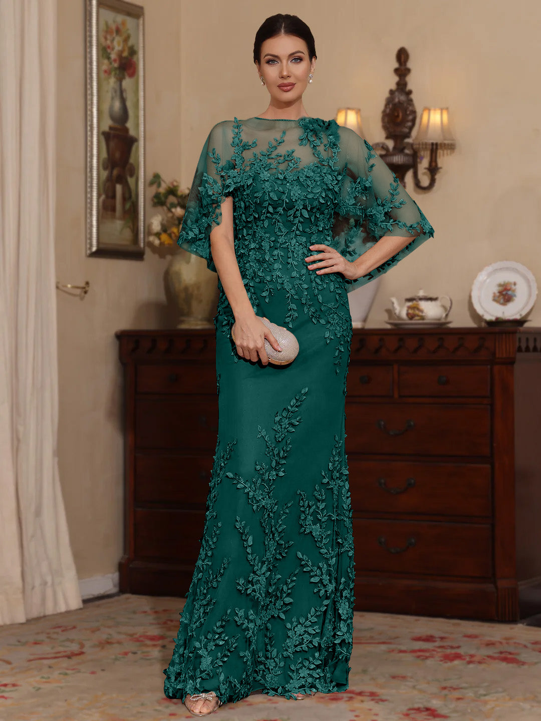 2 Pieces Sheath/Column Scoop Lace Mother of the Bride Dresses with Wrap Beading Floral Half Sleeves Floor-Length Emerald Green 2 Pieces Sheath/Column Scoop Lace Mother of the Bride Dresses with Wrap Beading Floral Half Sleeves Floor-Length Emerald Green