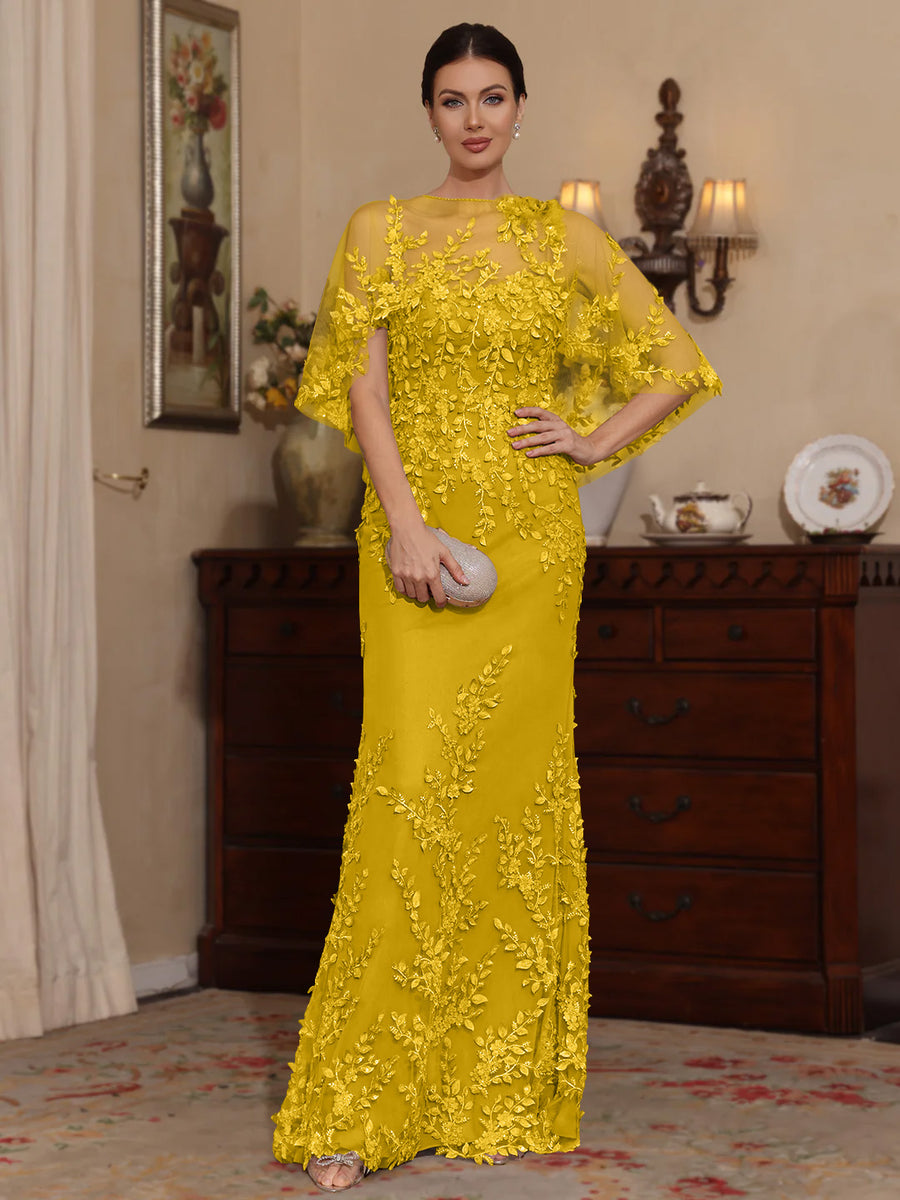 2 Pieces Sheath/Column Scoop Lace Mother of the Bride Dresses with Wrap Beading Floral Half Sleeves Floor-Length