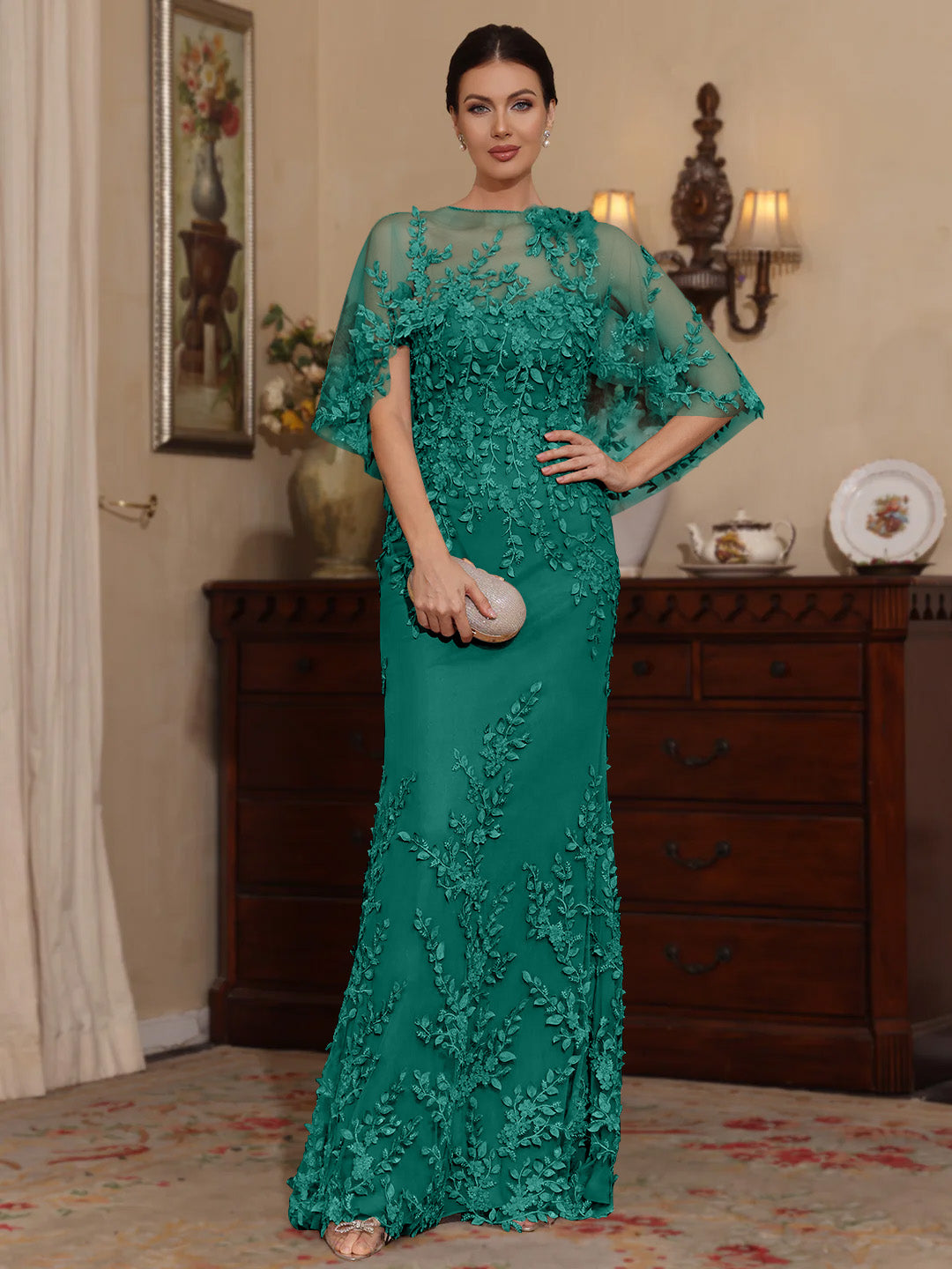 2 Pieces Sheath/Column Scoop Lace Mother of the Bride Dresses with Wrap Beading Half Sleeves Floor-Length