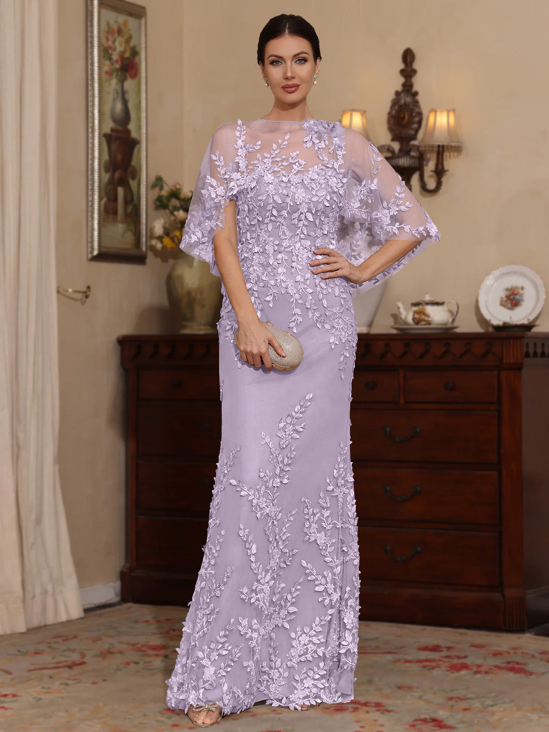 2 Pieces Sheath/Column Scoop Lace Mother of the Bride Dresses with Wrap Beading Half Sleeves Floor-Length