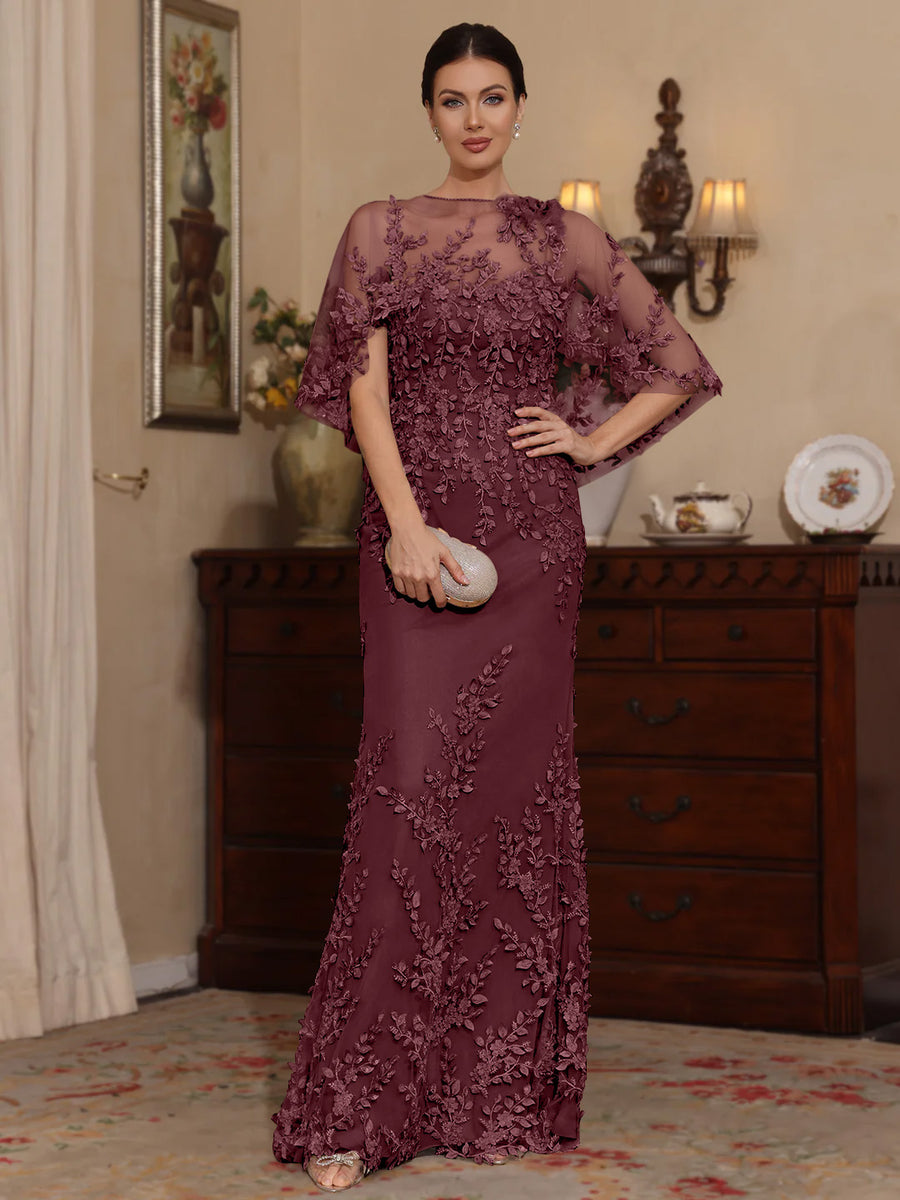2 Pieces Sheath/Column Scoop Lace Mother of the Bride Dresses with Wrap Beading Floral Half Sleeves Floor-Length