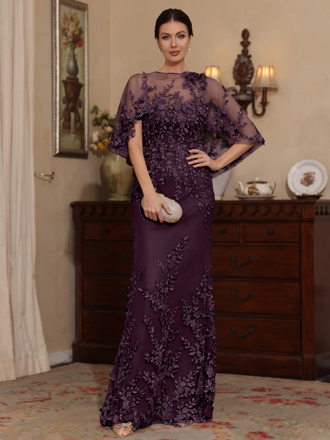 2 Pieces Sheath/Column Scoop Lace Mother of the Bride Dresses with Wrap Beading Floral Half Sleeves Floor-Length Plum