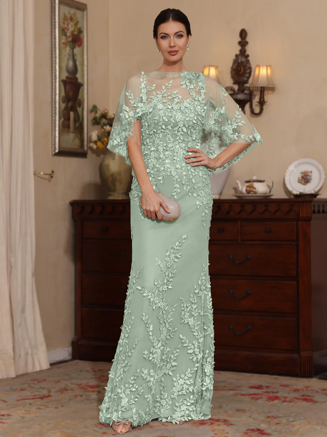 2 Pieces Sheath/Column Scoop Lace Mother of the Bride Dresses with Wrap Beading Half Sleeves Floor-Length