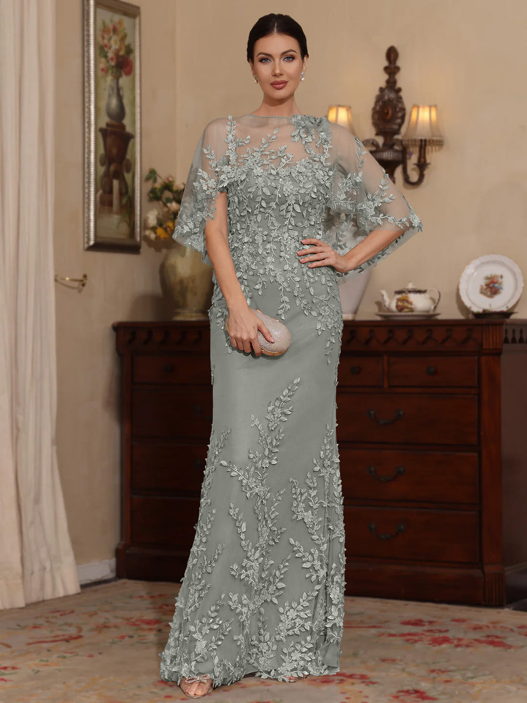 2 Pieces Sheath/Column Scoop Lace Mother of the Bride Dresses with Wrap Beading Floral Half Sleeves Floor-Length Silver